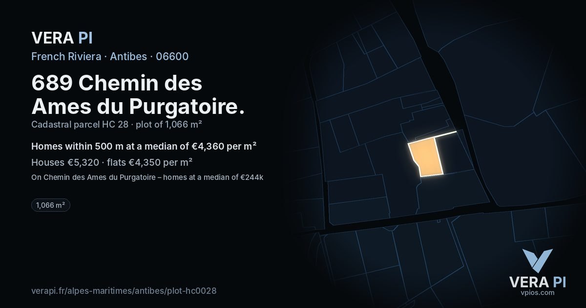 689 Chemin des Ames du Purgatoire, Antibes at night – the plot lit, the parcels around coloured by the prices near them
