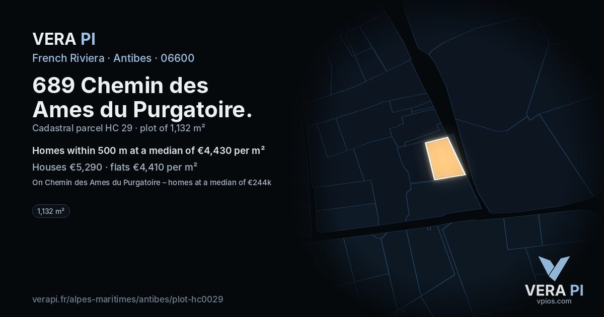 689 Chemin des Ames du Purgatoire, Antibes at night – the plot lit, the parcels around coloured by the prices near them
