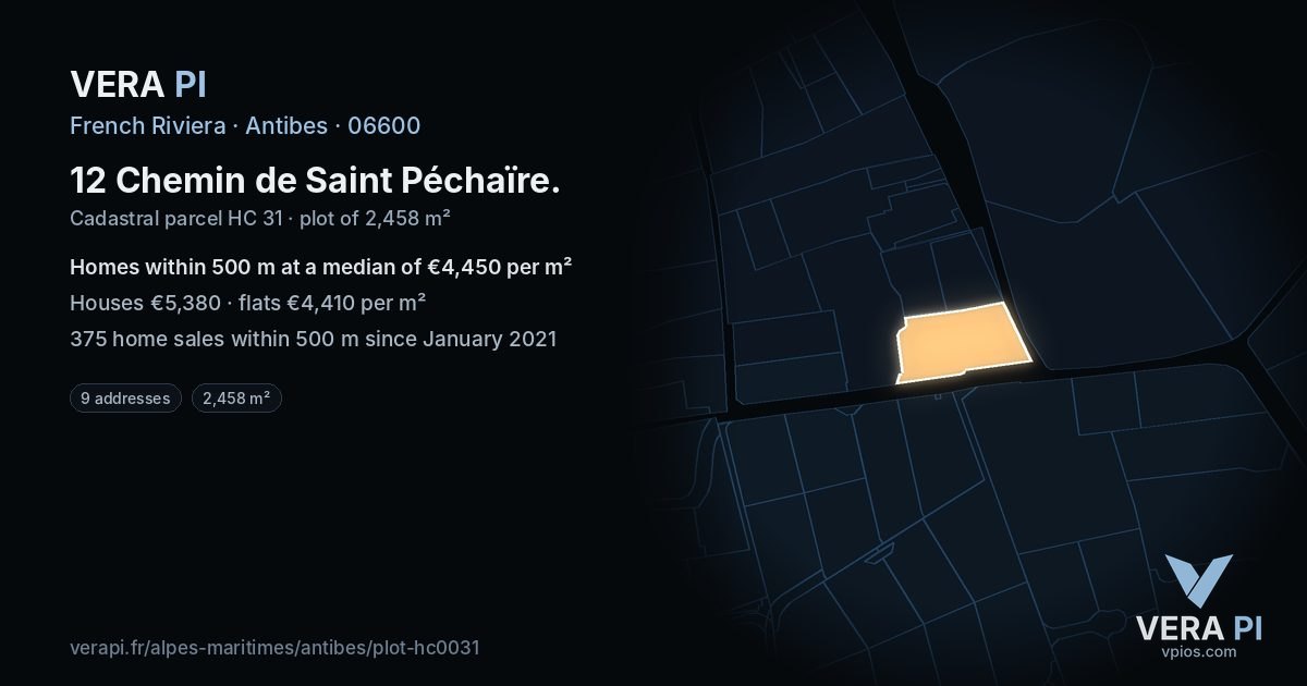 12 Chemin de Saint Péchaïre, Antibes at night – the plot lit, the parcels around coloured by the prices near them