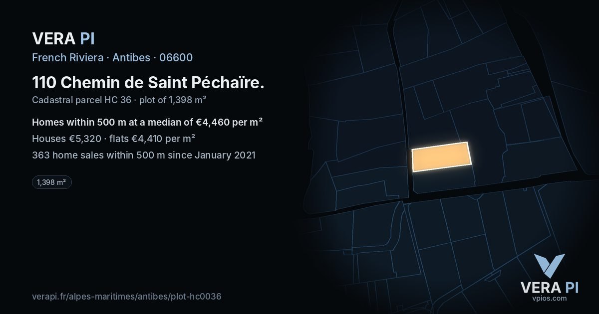 110 Chemin de Saint Péchaïre, Antibes at night – the plot lit, the parcels around coloured by the prices near them