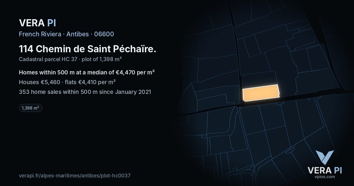 114 Chemin de Saint Péchaïre, Antibes at night – the plot lit, the parcels around coloured by the prices near them
