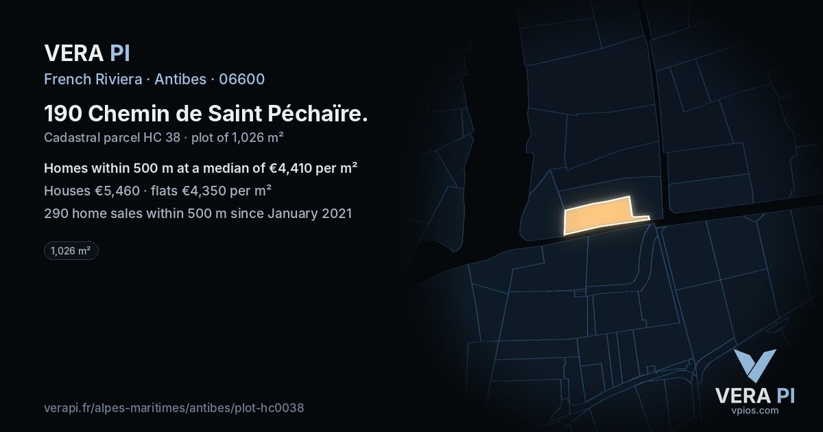 190 Chemin de Saint Péchaïre, Antibes at night – the plot lit, the parcels around coloured by the prices near them