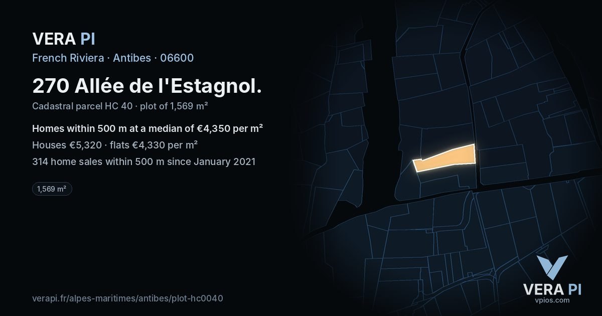 270 Allée de l'Estagnol, Antibes at night – the plot lit, the parcels around coloured by the prices near them