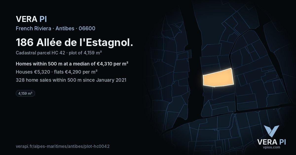 186 Allée de l'Estagnol, Antibes at night – the plot lit, the parcels around coloured by the prices near them
