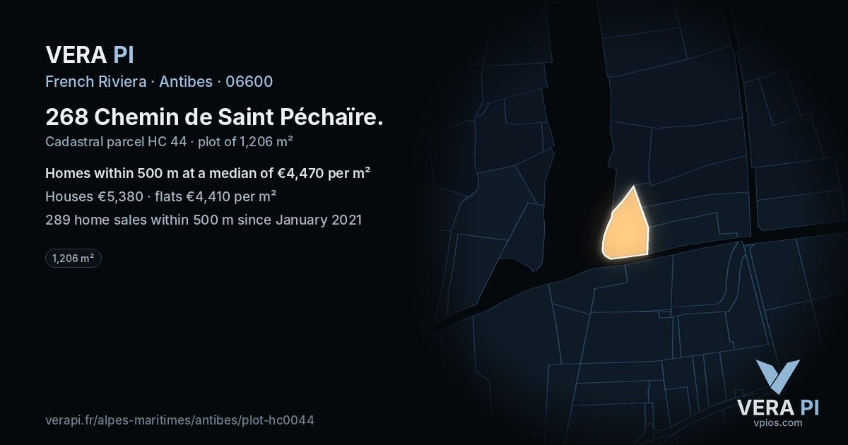 268 Chemin de Saint Péchaïre, Antibes at night – the plot lit, the parcels around coloured by the prices near them