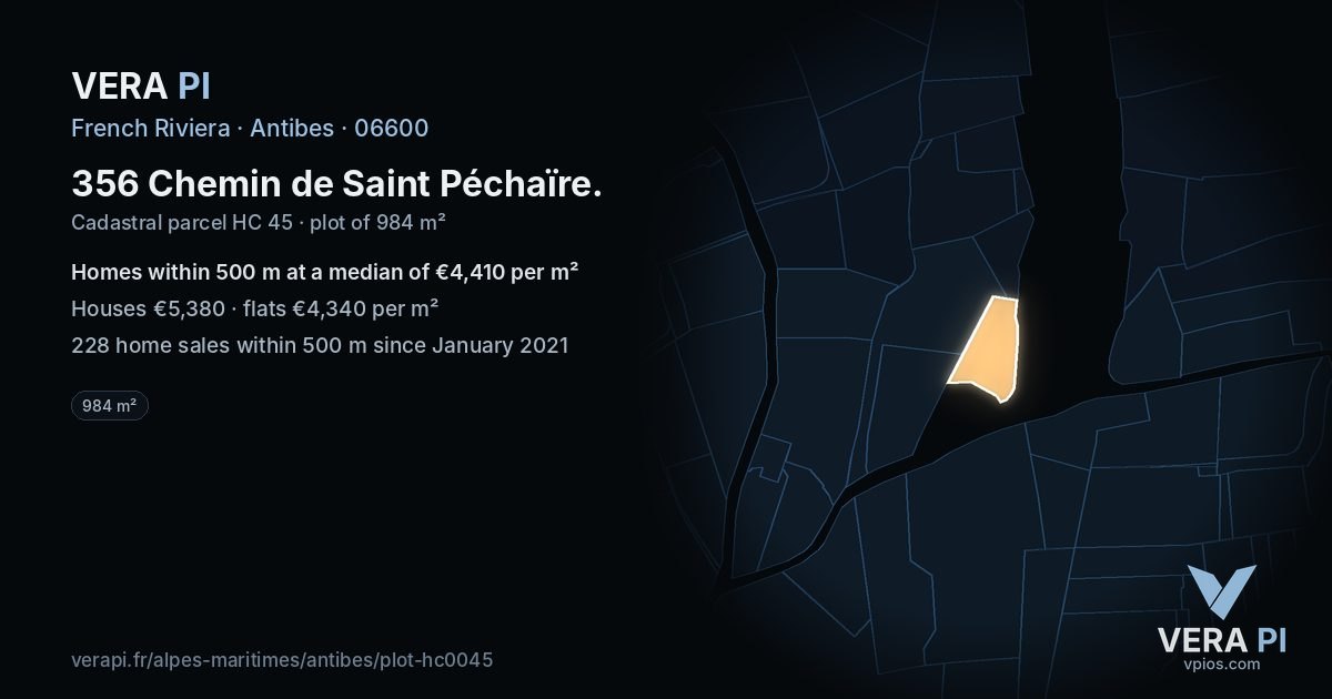356 Chemin de Saint Péchaïre, Antibes at night – the plot lit, the parcels around coloured by the prices near them