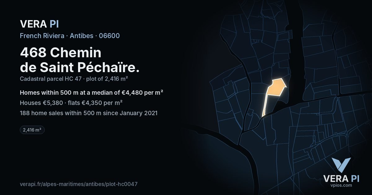 468 Chemin de Saint Péchaïre, Antibes at night – the plot lit, the parcels around coloured by the prices near them