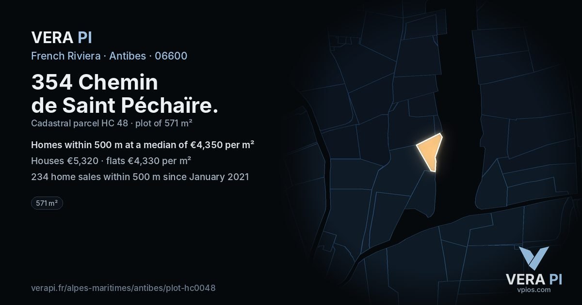 354 Chemin de Saint Péchaïre, Antibes at night – the plot lit, the parcels around coloured by the prices near them