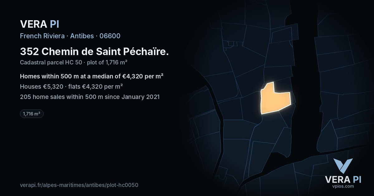 352 Chemin de Saint Péchaïre, Antibes at night – the plot lit, the parcels around coloured by the prices near them
