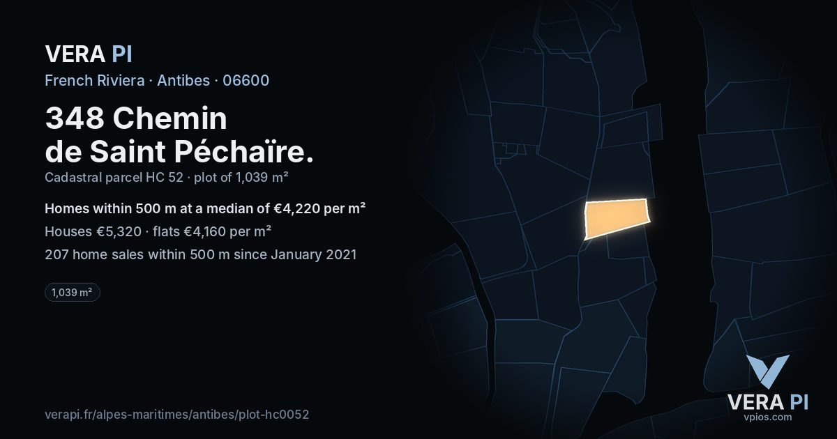 348 Chemin de Saint Péchaïre, Antibes at night – the plot lit, the parcels around coloured by the prices near them