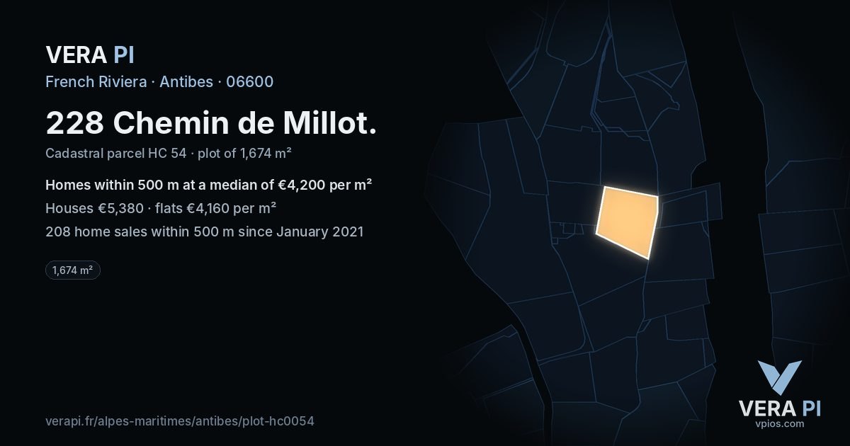 228 Chemin de Millot, Antibes at night – the plot lit, the parcels around coloured by the prices near them