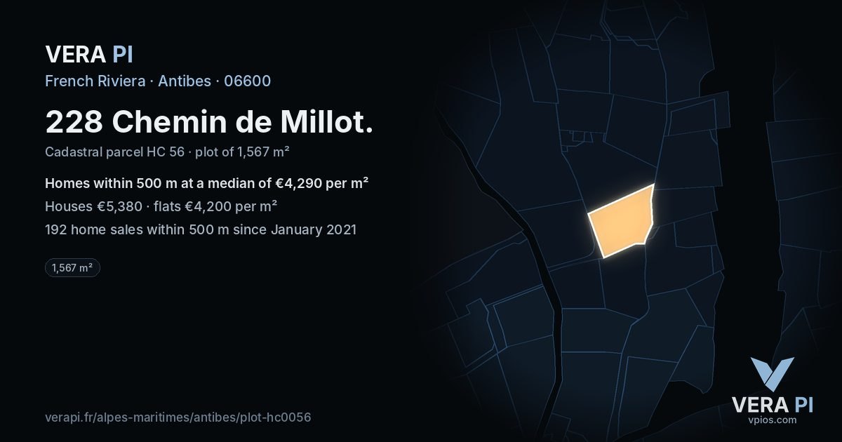 228 Chemin de Millot, Antibes at night – the plot lit, the parcels around coloured by the prices near them