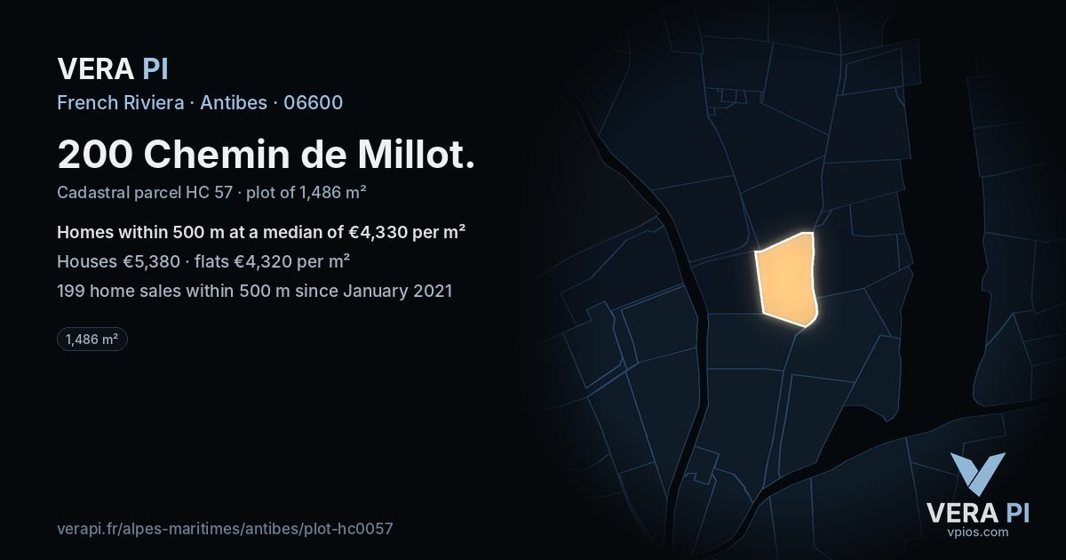 200 Chemin de Millot, Antibes at night – the plot lit, the parcels around coloured by the prices near them