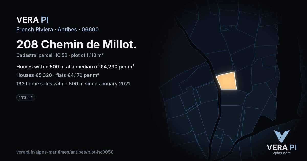 208 Chemin de Millot, Antibes at night – the plot lit, the parcels around coloured by the prices near them