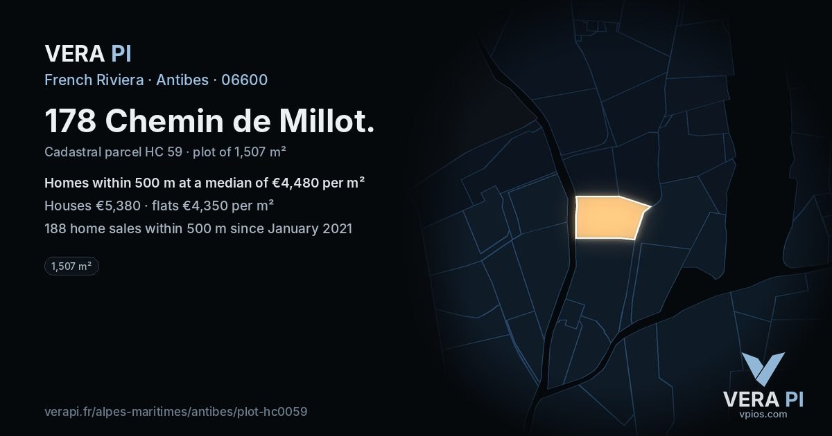 178 Chemin de Millot, Antibes at night – the plot lit, the parcels around coloured by the prices near them