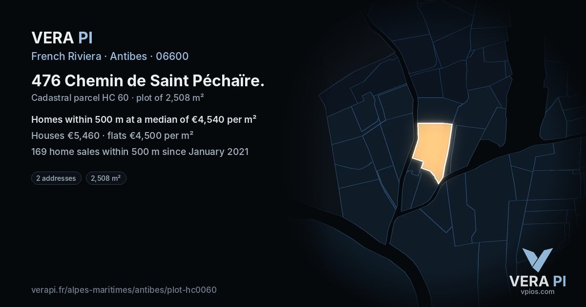 476 Chemin de Saint Péchaïre, Antibes at night – the plot lit, the parcels around coloured by the prices near them