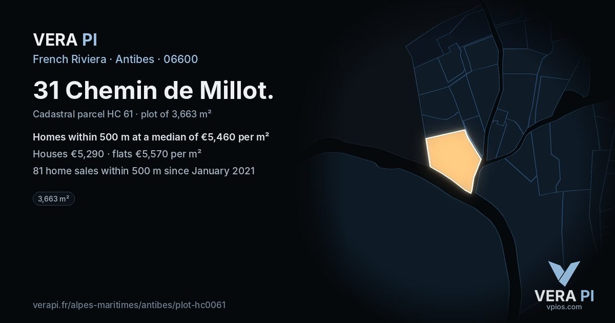 31 Chemin de Millot, Antibes at night – the plot lit, the parcels around coloured by the prices near them