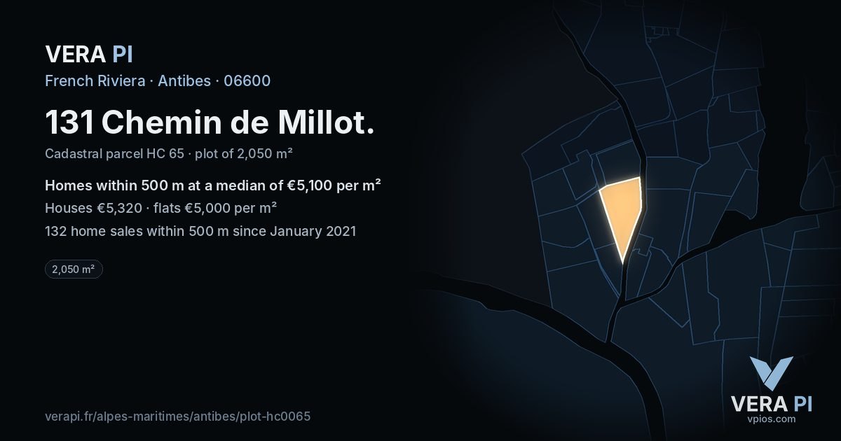 131 Chemin de Millot, Antibes at night – the plot lit, the parcels around coloured by the prices near them