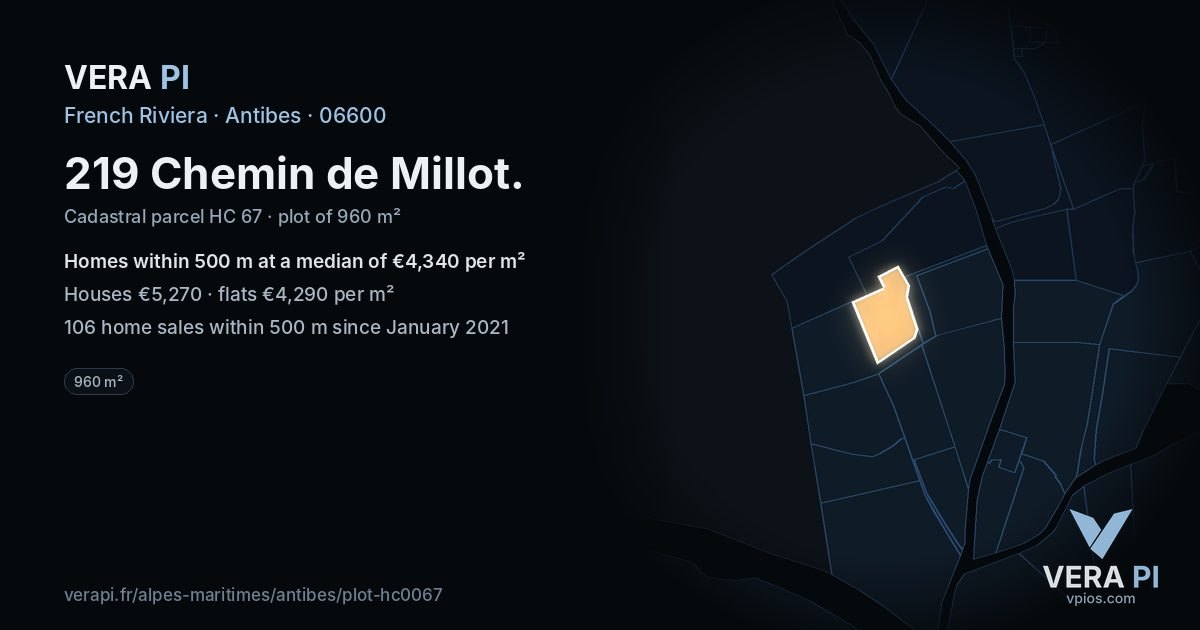 219 Chemin de Millot, Antibes at night – the plot lit, the parcels around coloured by the prices near them