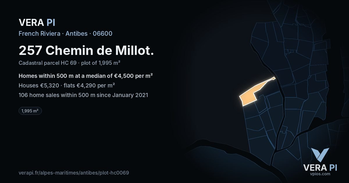257 Chemin de Millot, Antibes at night – the plot lit, the parcels around coloured by the prices near them