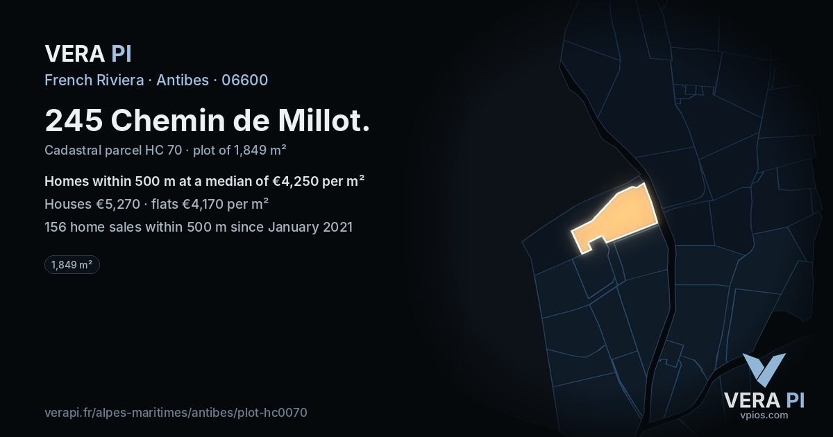 245 Chemin de Millot, Antibes at night – the plot lit, the parcels around coloured by the prices near them