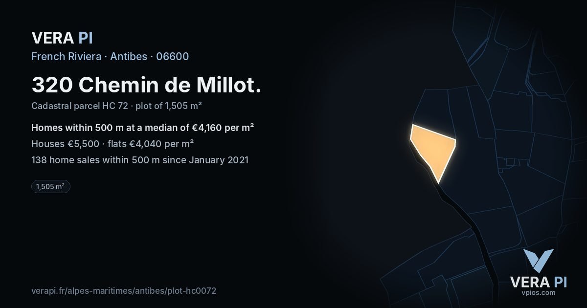320 Chemin de Millot, Antibes at night – the plot lit, the parcels around coloured by the prices near them