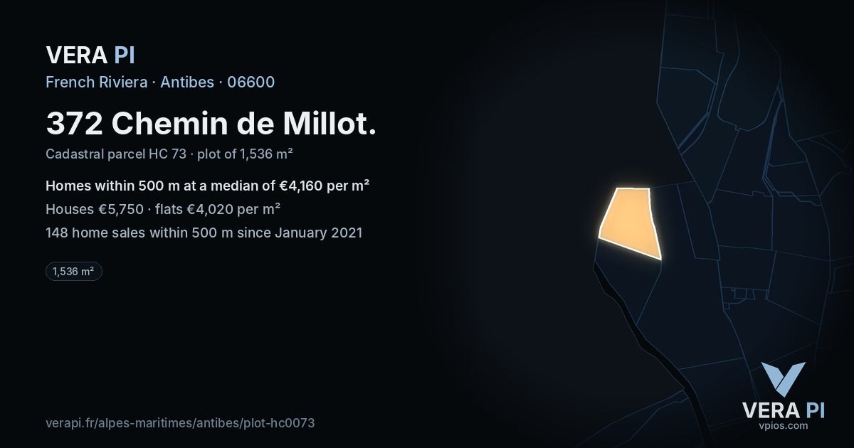 372 Chemin de Millot, Antibes at night – the plot lit, the parcels around coloured by the prices near them