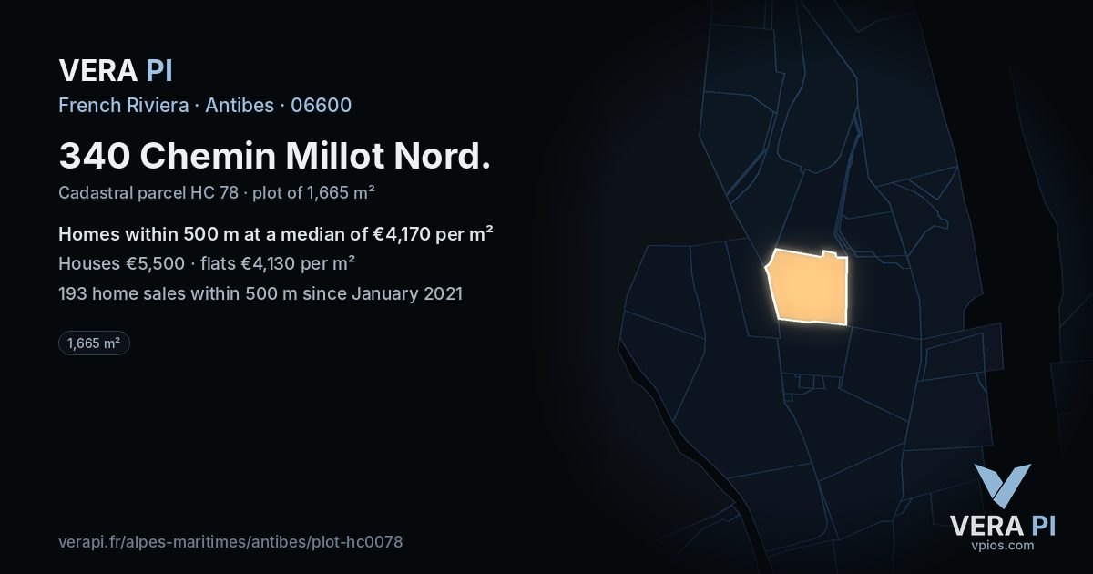 340 Chemin Millot Nord, Antibes at night – the plot lit, the parcels around coloured by the prices near them