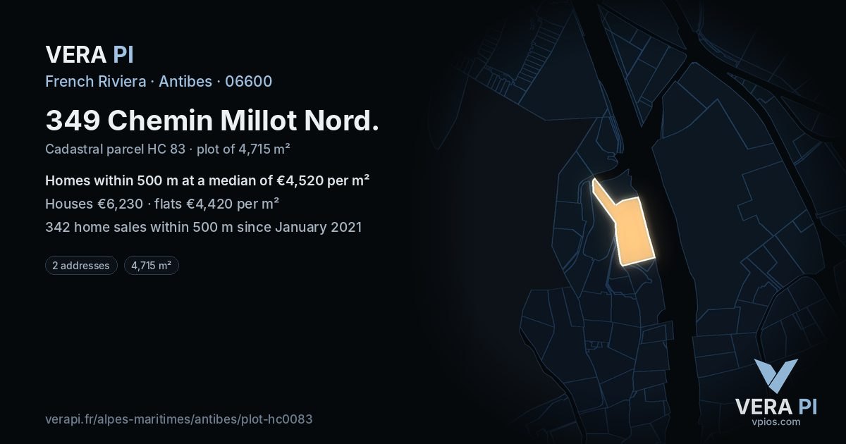 349 Chemin Millot Nord, Antibes at night – the plot lit, the parcels around coloured by the prices near them