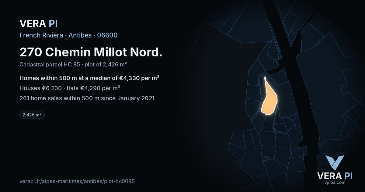 270 Chemin Millot Nord, Antibes at night – the plot lit, the parcels around coloured by the prices near them