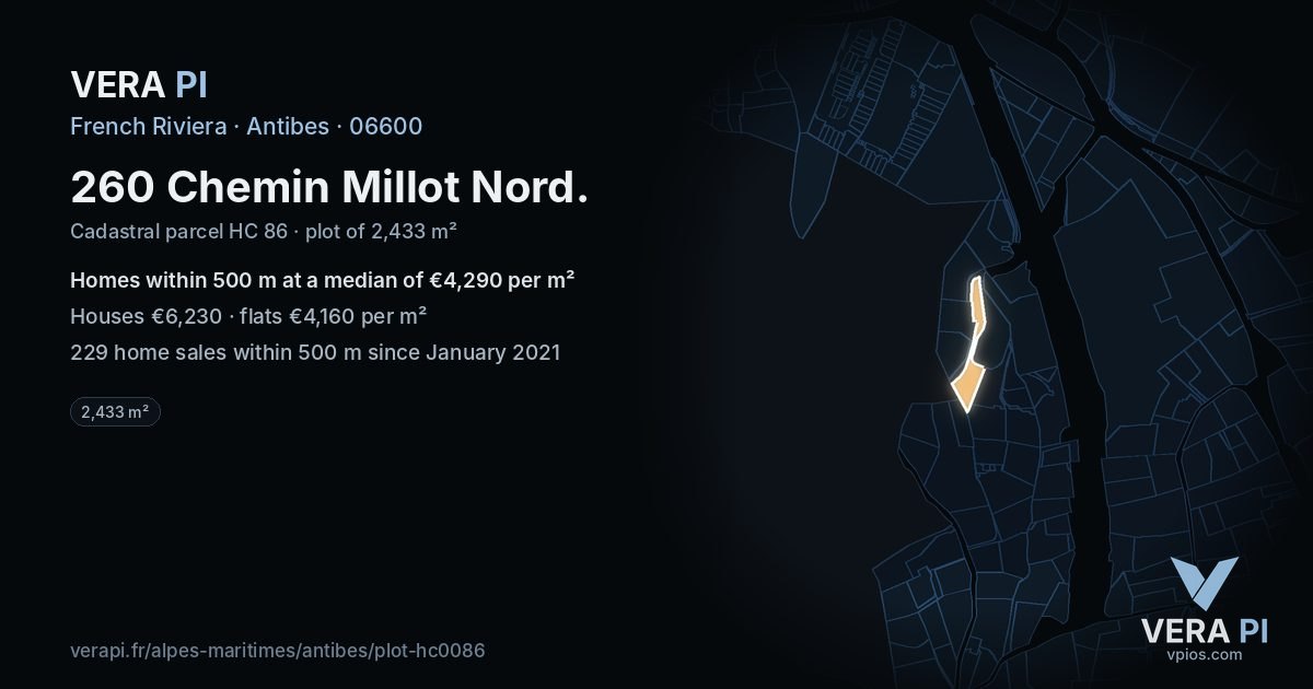 260 Chemin Millot Nord, Antibes at night – the plot lit, the parcels around coloured by the prices near them