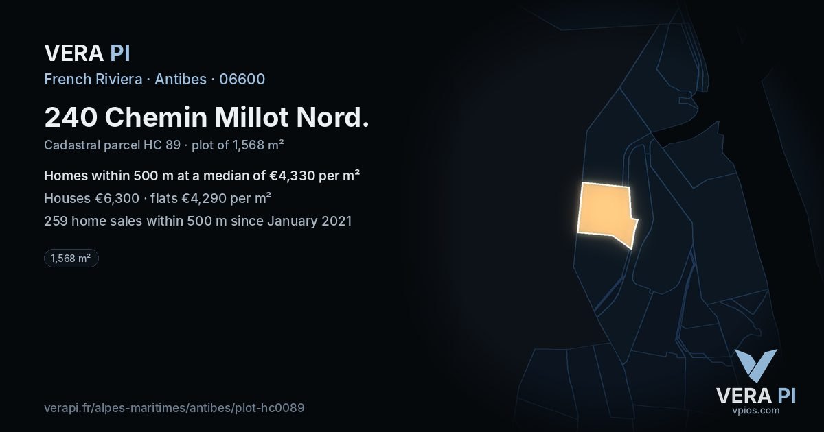 240 Chemin Millot Nord, Antibes at night – the plot lit, the parcels around coloured by the prices near them