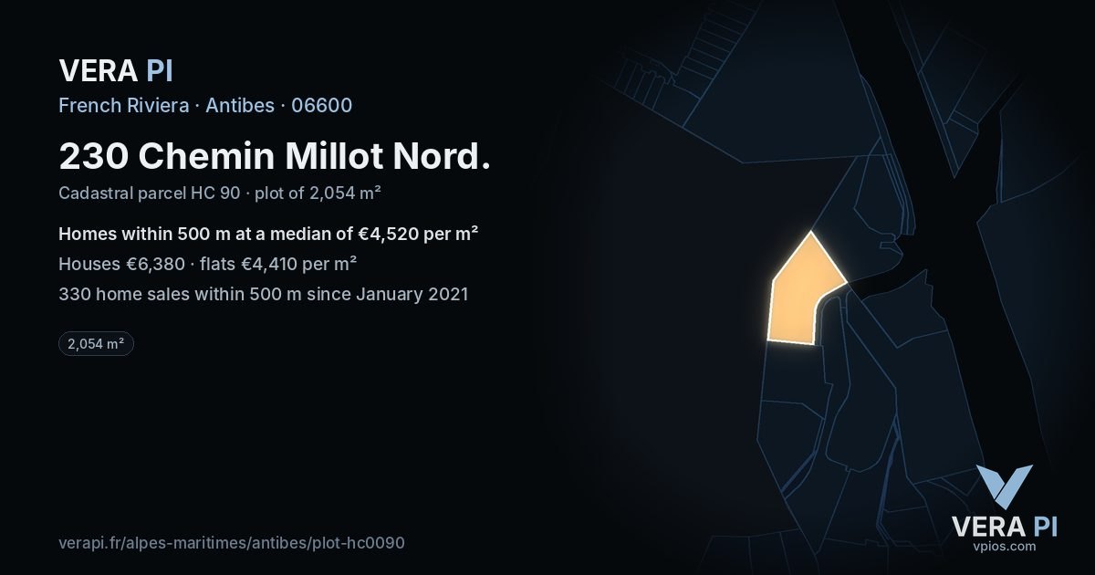 230 Chemin Millot Nord, Antibes at night – the plot lit, the parcels around coloured by the prices near them