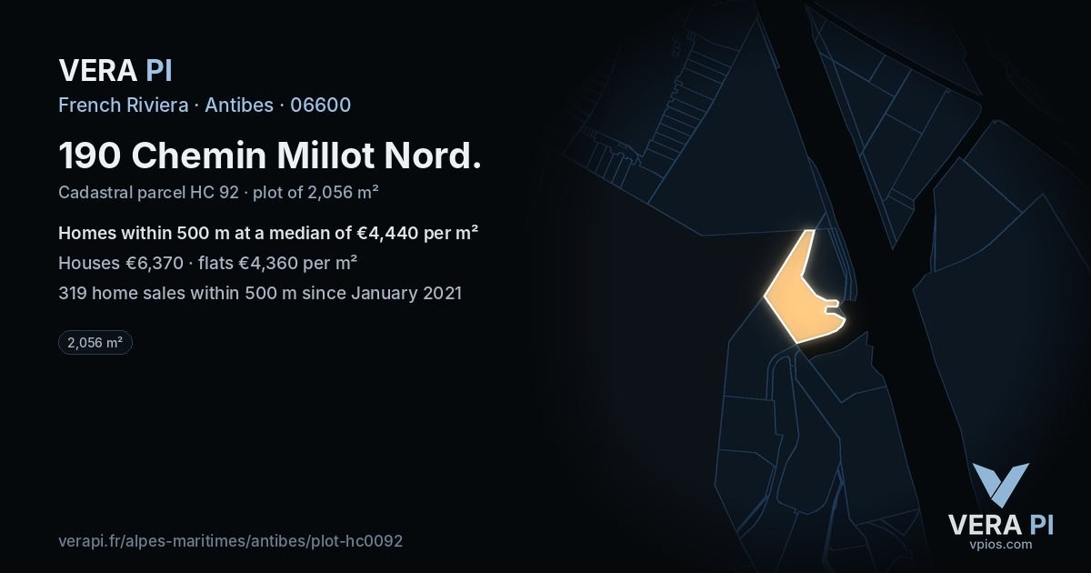 190 Chemin Millot Nord, Antibes at night – the plot lit, the parcels around coloured by the prices near them