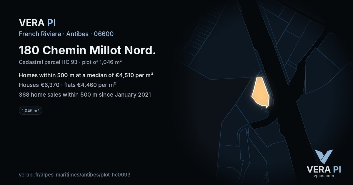 180 Chemin Millot Nord, Antibes at night – the plot lit, the parcels around coloured by the prices near them