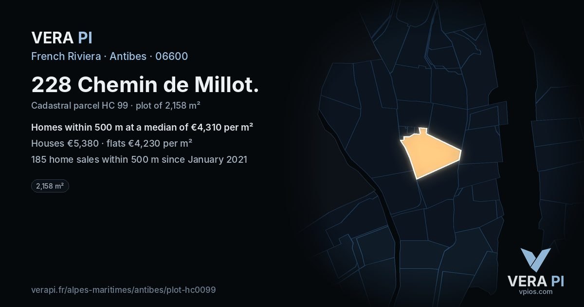 228 Chemin de Millot, Antibes at night – the plot lit, the parcels around coloured by the prices near them
