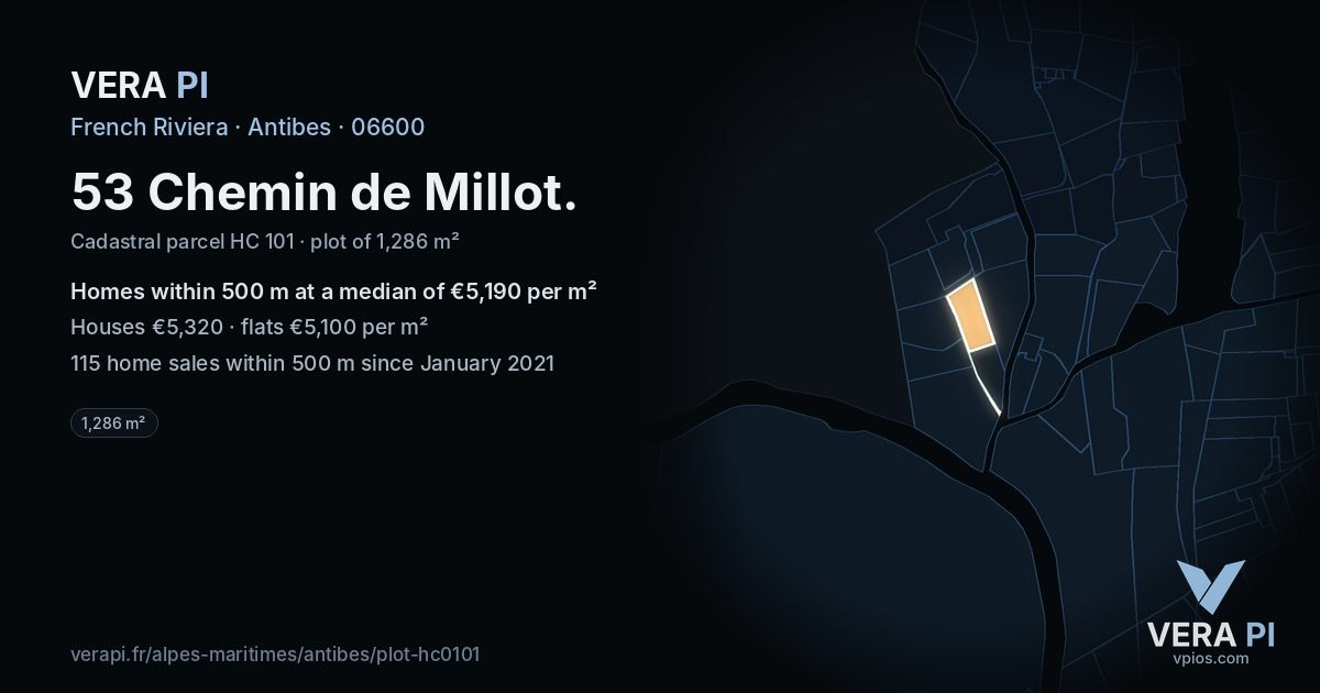 53 Chemin de Millot, Antibes at night – the plot lit, the parcels around coloured by the prices near them