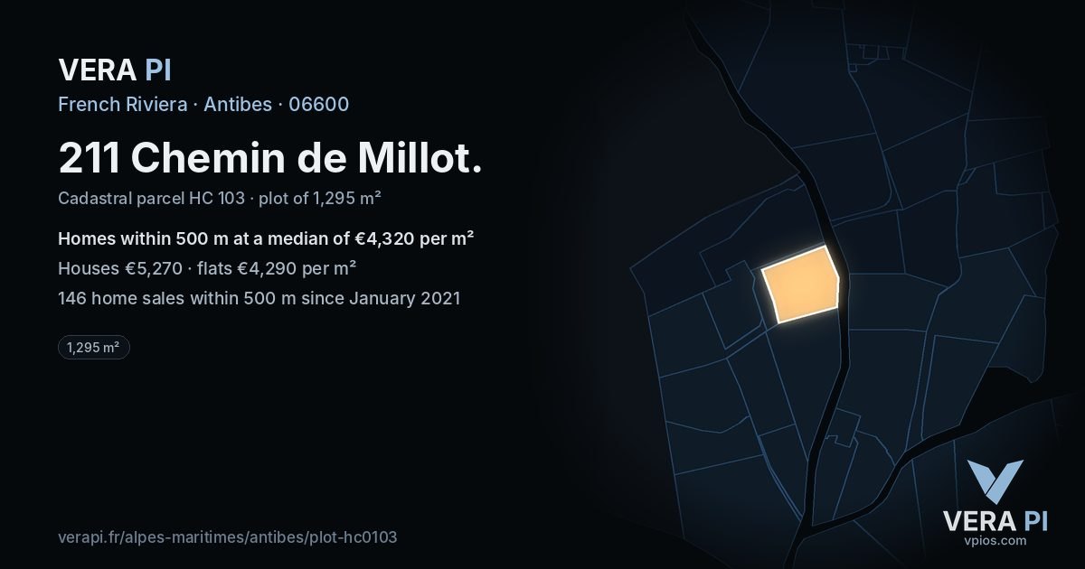 211 Chemin de Millot, Antibes at night – the plot lit, the parcels around coloured by the prices near them