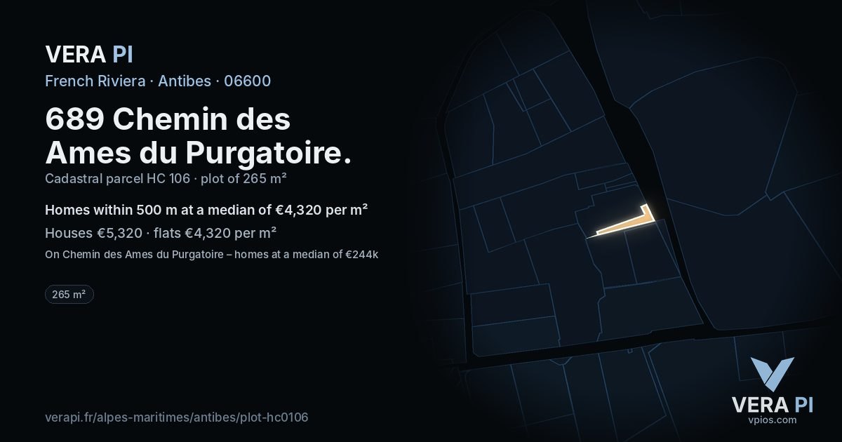 689 Chemin des Ames du Purgatoire, Antibes at night – the plot lit, the parcels around coloured by the prices near them