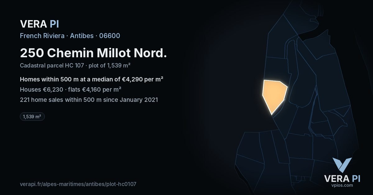 250 Chemin Millot Nord, Antibes at night – the plot lit, the parcels around coloured by the prices near them