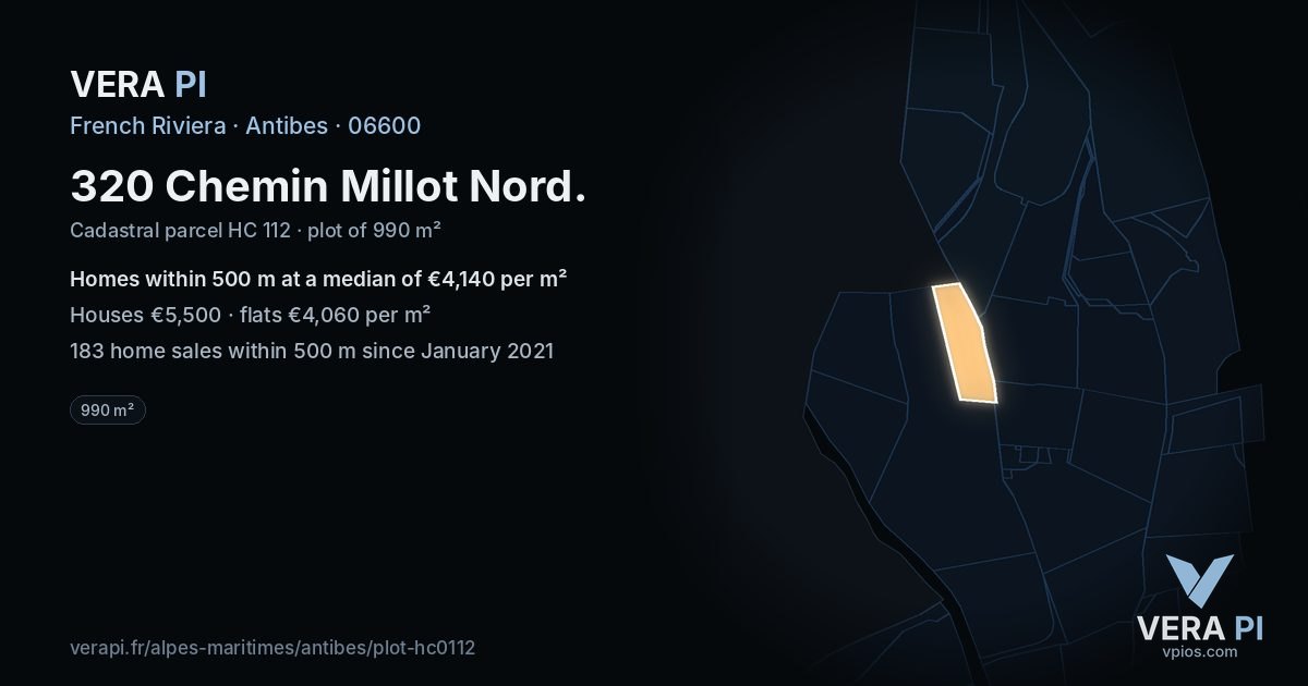 320 Chemin Millot Nord, Antibes at night – the plot lit, the parcels around coloured by the prices near them