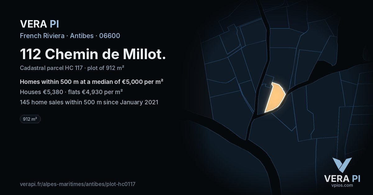 112 Chemin de Millot, Antibes at night – the plot lit, the parcels around coloured by the prices near them