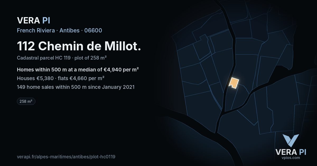 112 Chemin de Millot, Antibes at night – the plot lit, the parcels around coloured by the prices near them