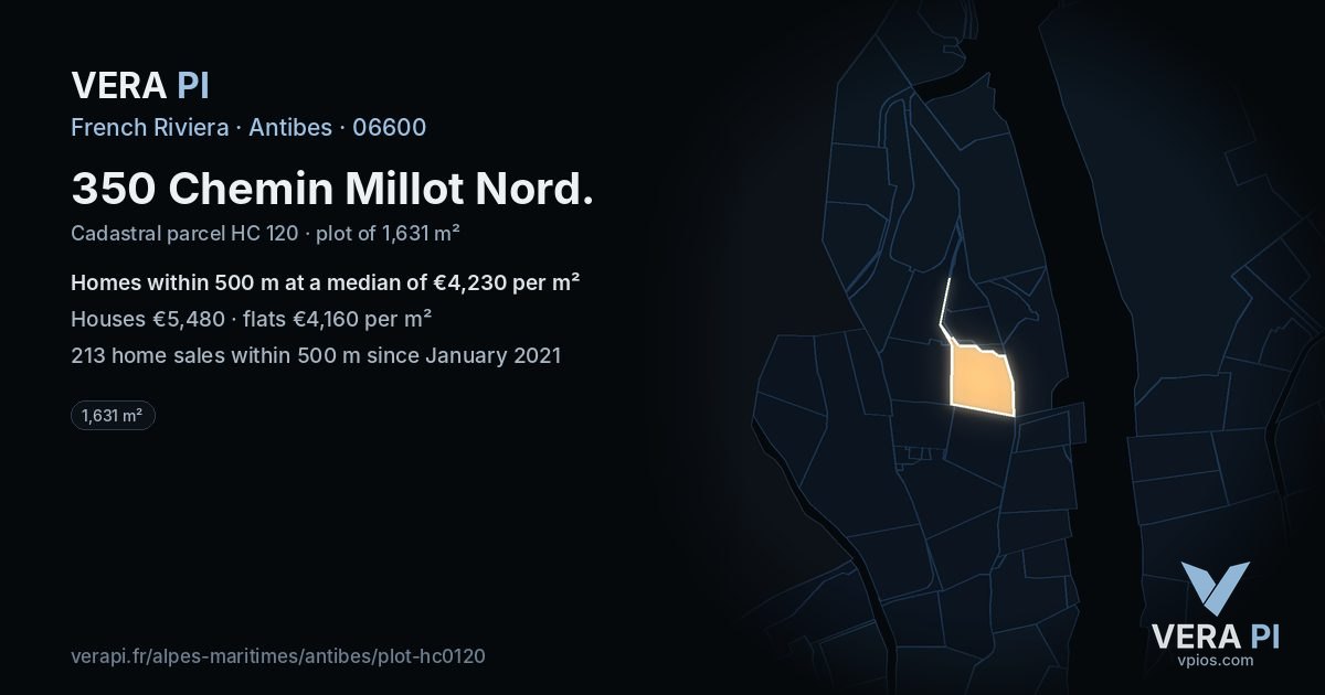 350 Chemin Millot Nord, Antibes at night – the plot lit, the parcels around coloured by the prices near them