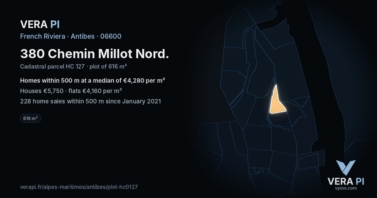 380 Chemin Millot Nord, Antibes at night – the plot lit, the parcels around coloured by the prices near them