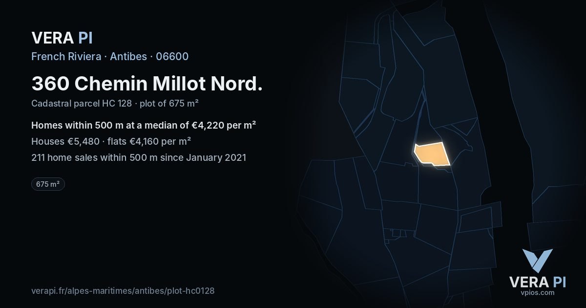 360 Chemin Millot Nord, Antibes at night – the plot lit, the parcels around coloured by the prices near them