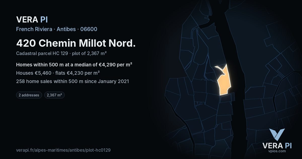 420 Chemin Millot Nord, Antibes at night – the plot lit, the parcels around coloured by the prices near them
