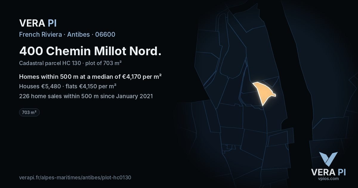 400 Chemin Millot Nord, Antibes at night – the plot lit, the parcels around coloured by the prices near them