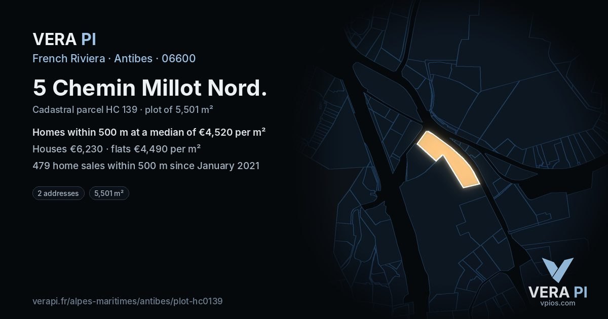 5 Chemin Millot Nord, Antibes at night – the plot lit, the parcels around coloured by the prices near them