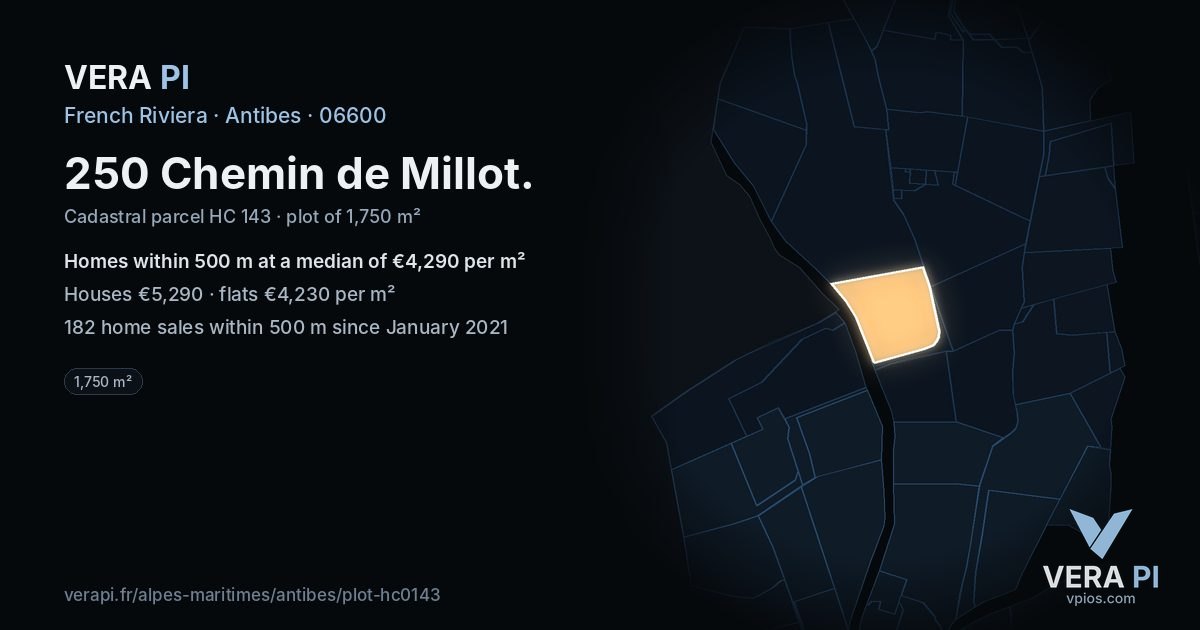 250 Chemin de Millot, Antibes at night – the plot lit, the parcels around coloured by the prices near them